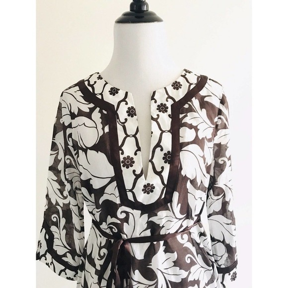 Bebe | Floral V-neck Tunic Size S Brown Silk Cotton Side Split Pullover Shirt - Picture 6 of 9
